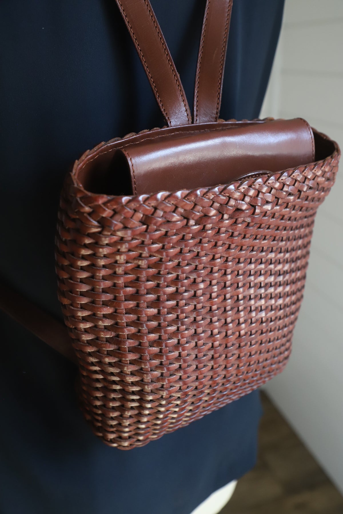 Vintage Cole Haan leather woven bag with suede interior, made in Italy