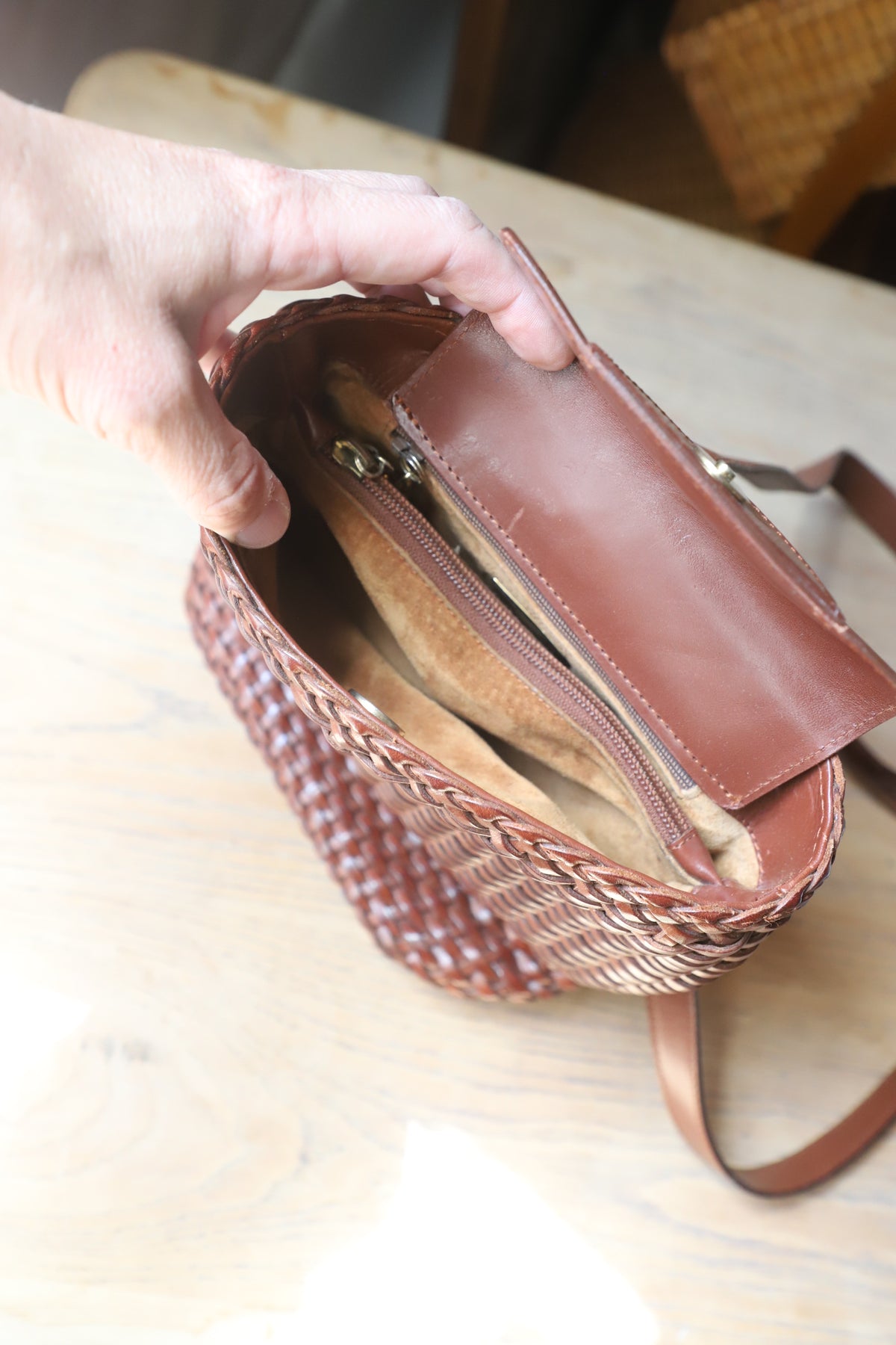 Vintage Cole Haan leather woven bag with suede interior, made in Italy