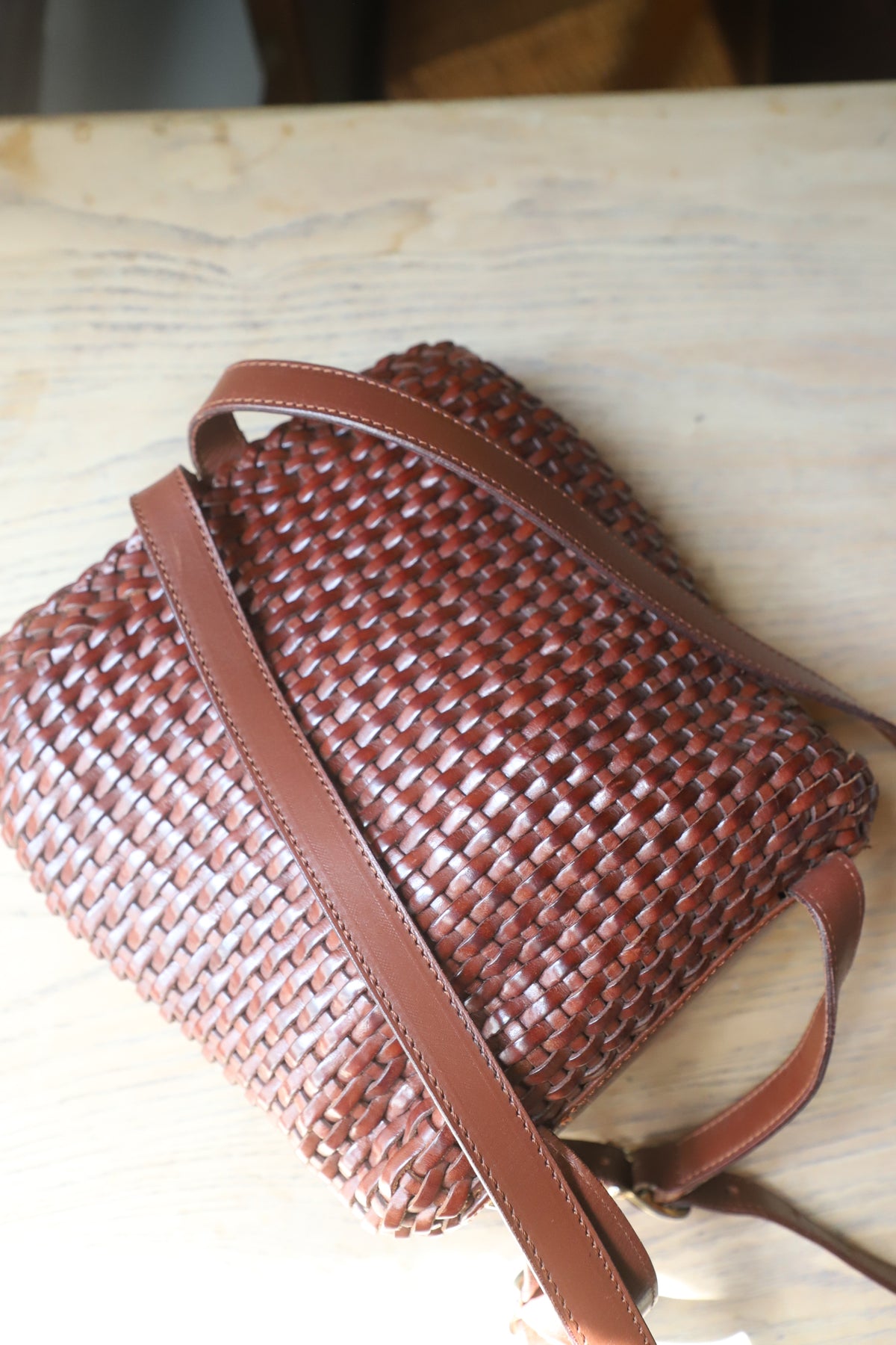 Vintage Cole Haan leather woven bag with suede interior, made in Italy