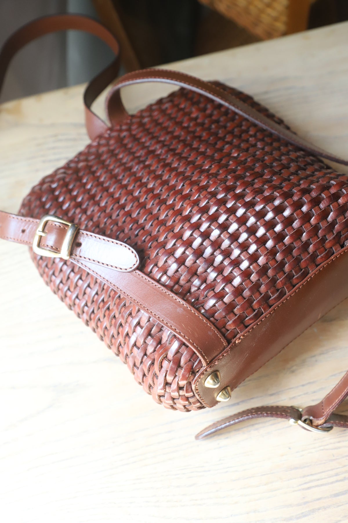 Vintage Cole Haan leather woven bag with suede interior, made in Italy