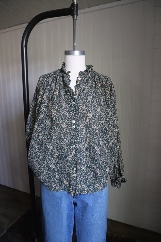 Doen forest green paisley blouse size XS