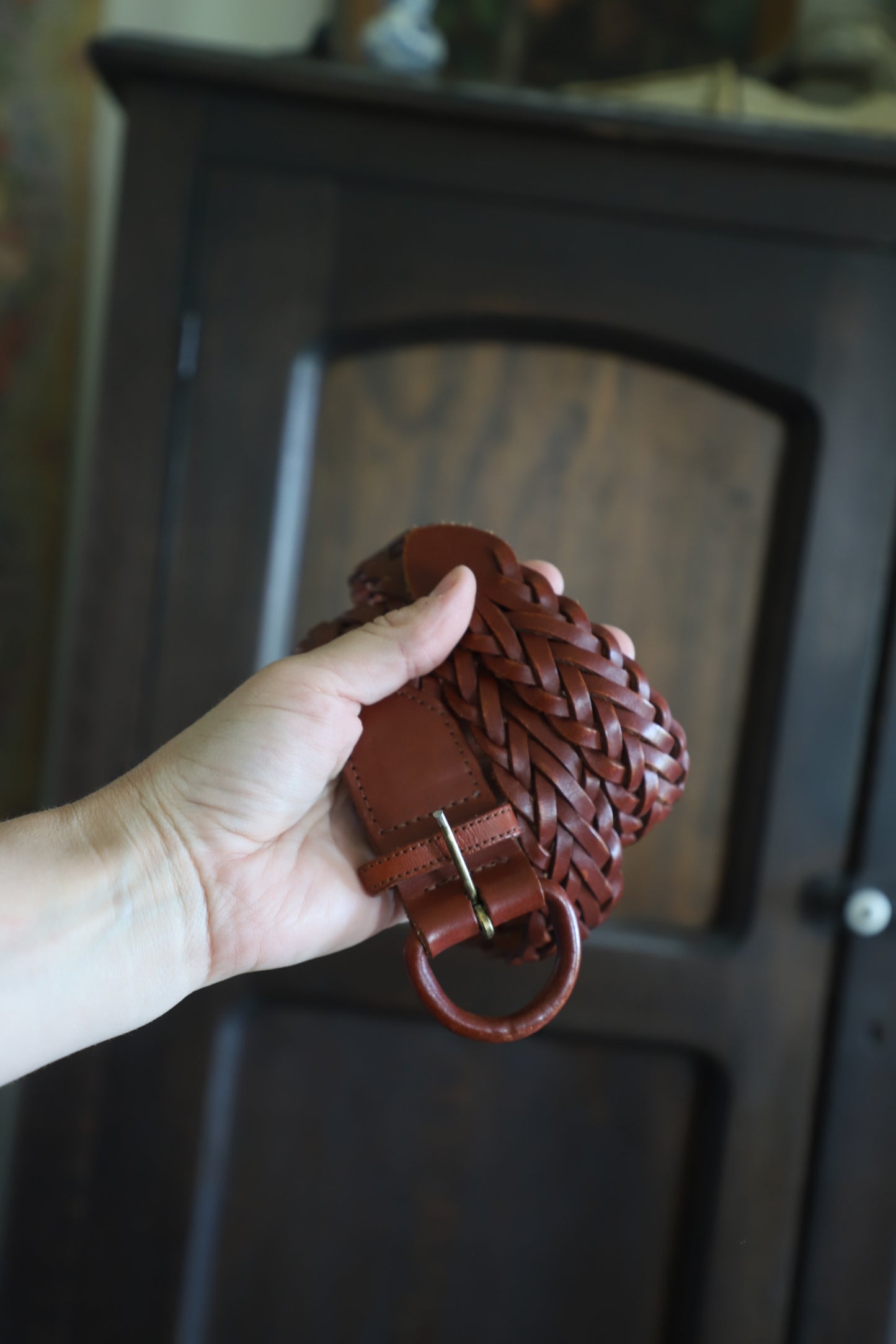 Leather woven belt with leather buckle size small