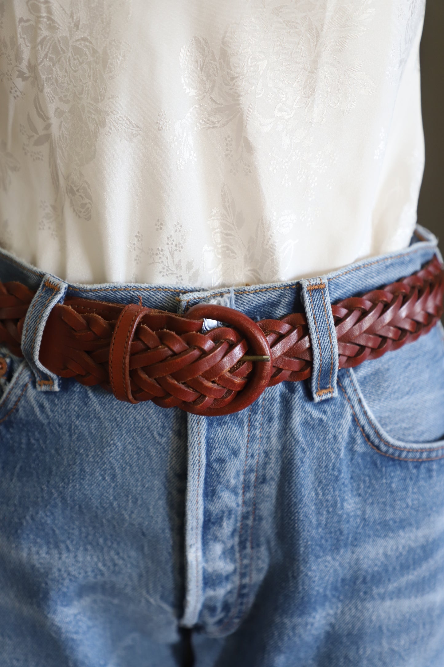 Leather woven belt with leather buckle size small