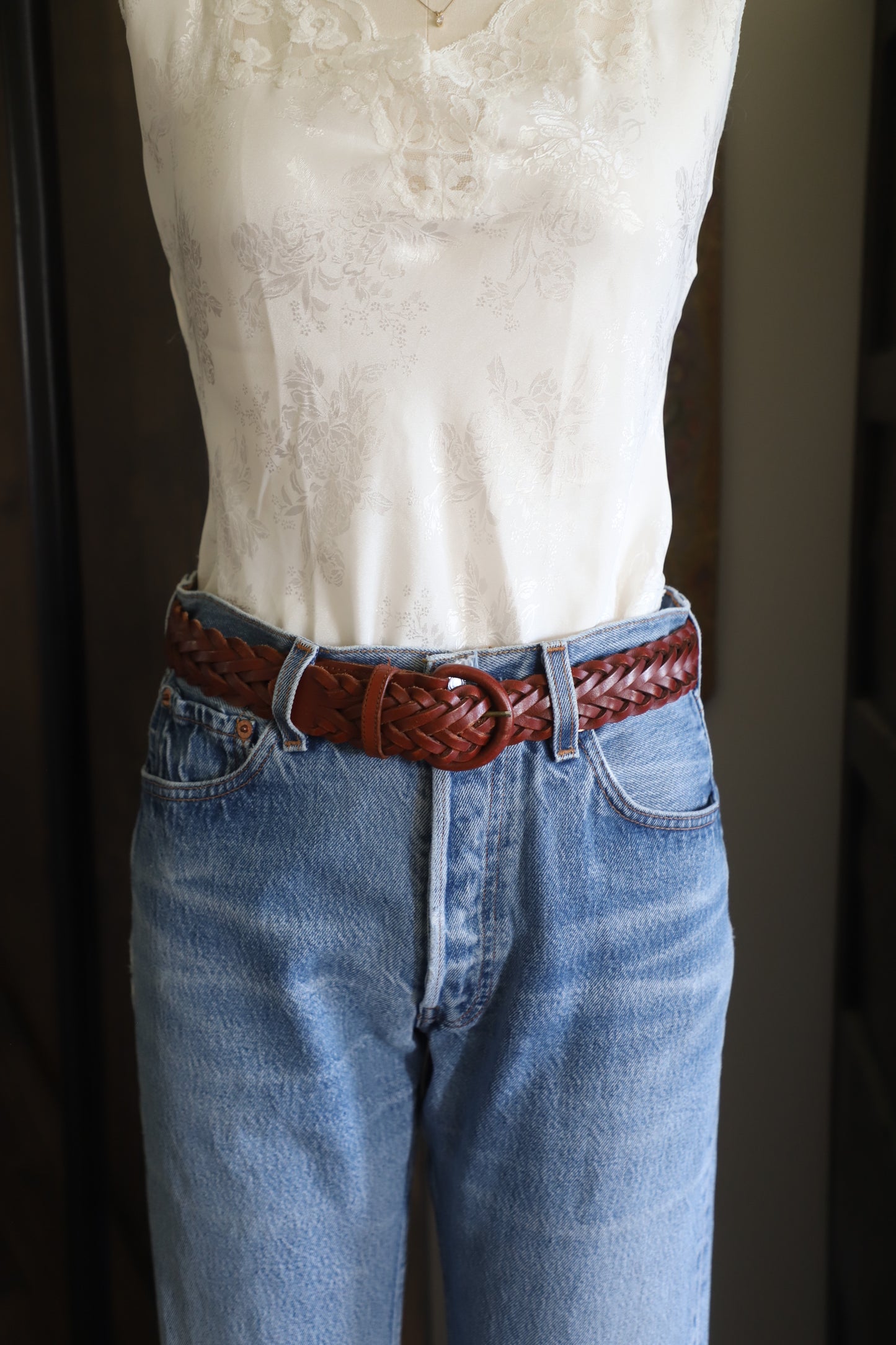 Leather woven belt with leather buckle size small