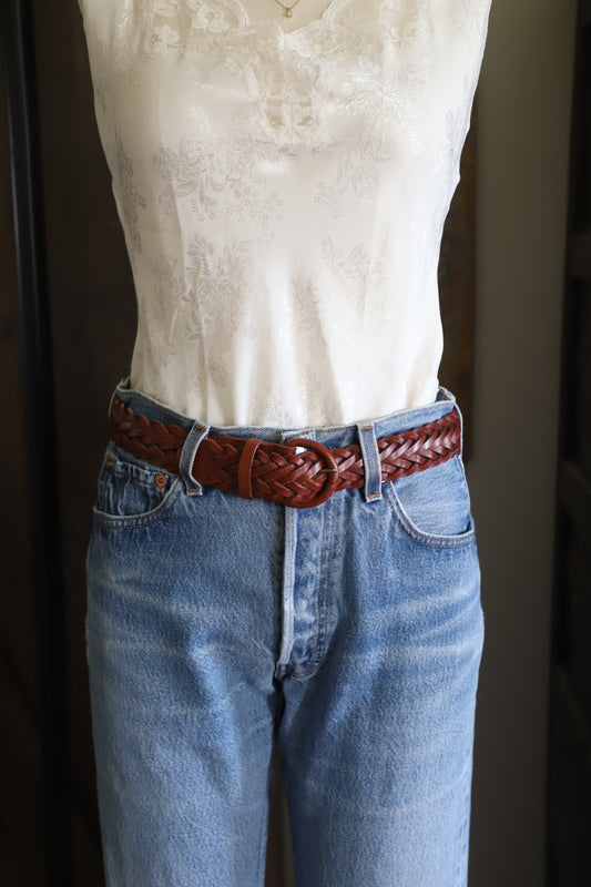 Leather woven belt with leather buckle size small